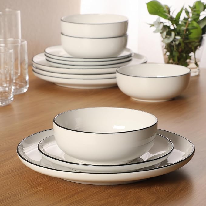 Gibson Home Havenstone 12-Piece Porcelain Dinnerware Set – Dinner Plates, Salad Plates & Bowls, Classic White With Black Rim Everyday Dish Set for Home, Kitchen, Microwave & Dishwasher Safe