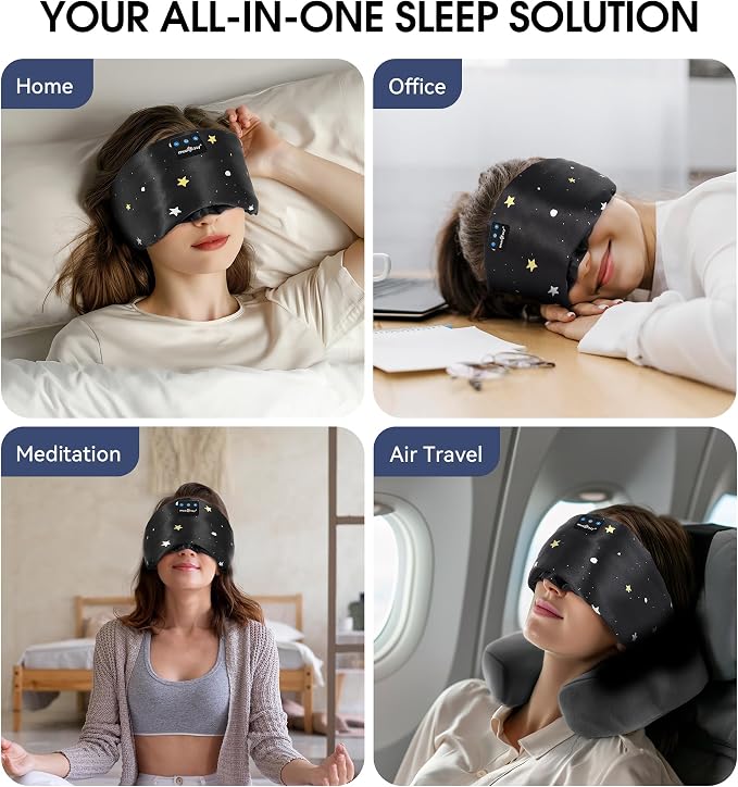 MUSICOZY Mulberry Silk Bluetooth Sleep Mask with HD Stereo Sound, Wireless Sleep Headband Headphones for Side Sleepers, Adjustable Size, Total Light Blocking, Perfect for Travel Relaxation Sleep