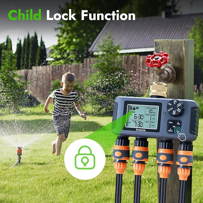Insoma Water Timer with Brass Inlet & Outlet, 4 Independent Zones Outdoor Hose Timer for Garden Faucet with Auto/Manual/Rain Delay Mode, IPX5 Waterproof, Sprinkler Irrigation Controller for Yard Lawn