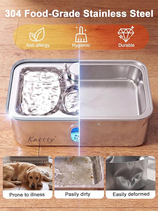 Kastty 17L/4.5Gal Large Dog Water Fountain Stainless Steel for Multi-Pet | Quiet Pet Water Fountain , Automatic Dog Water Bowl Dispenser with Visible Window & Alert Light, 5-Stage Filtration FS85