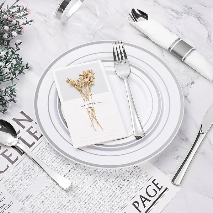 BESTVIP 175PCS Silver Plastic Dinnerware Set, Disposable Party Plates for 25 Guests, Include: 50 Plastic Plates, 25 Pre Rolled Napkins with Silver Silverware, 25 Cups for Christmas, Halloween