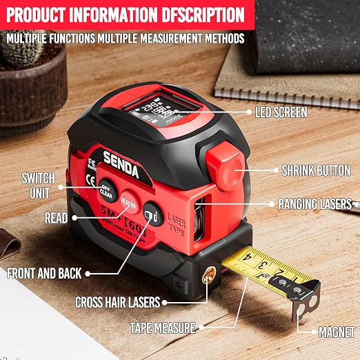 SENDA 3-in-1 Laser Tape Measure - 197Ft Digital Measuring Tape with Led Display&16Ft Measuring Tool with Magnetic Hook & Auto Lock - Pythagorean, Area, Volume, Ft/Ft+in/in/M Unit, AAA Battery*2, Red