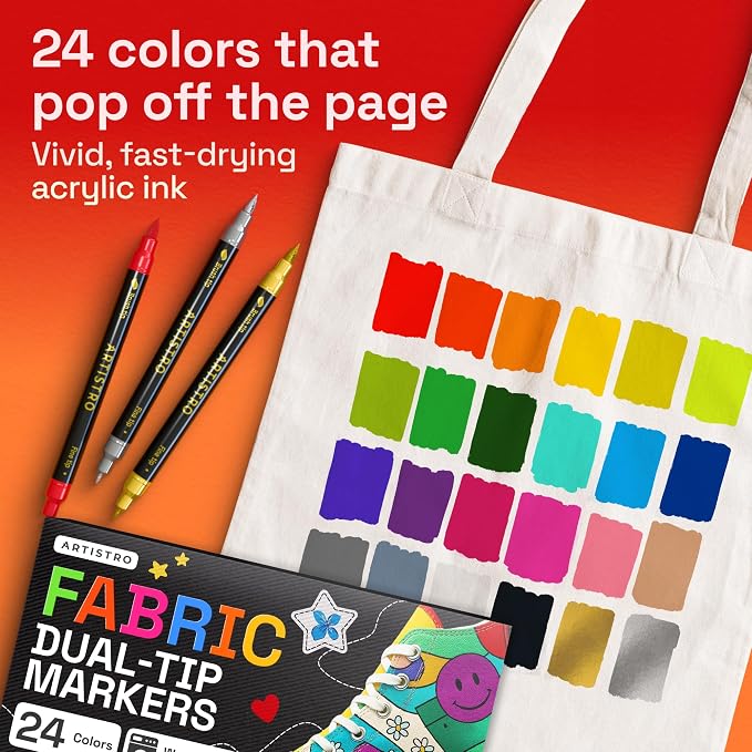 ARTISTRO 24 Dual-Tip Fabric Markers Decorating Kit, Permanent for Clothes | Brush & Fine Tip, Acrylic Paint Pens for Sneakers, Bags, Shoes, Textiles, Canvas, Sewing, Craft, & DIY