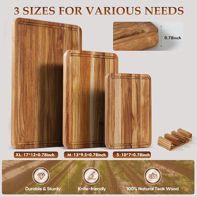 3 Pack Teak Cutting Board Set for Kitchen Wood Charcuterie Board with Juice Groove Wooden Cutting Boards Non Toxic Heavy Duty Slip Over Sink Solid Thick Chopping Board FSC
