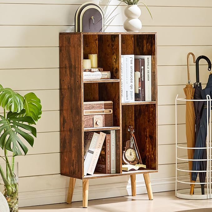 LEYAOYAO 5 Cube Bookshelf, Mid-Century Modern Book Shelf with Legs, Brown | 3 Tier Bookcase, Rustic Wood Bookshelves Freestanding Small Storage Organizer, Open Shelves for Bedroom, Living Room, Office
