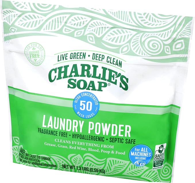 Charlie's Soap Unscented Laundry Powder, 300 Loads | Concentrated Detergent for Standard & HE Washers (Six 50-load Bags, 300 Total Loads)
