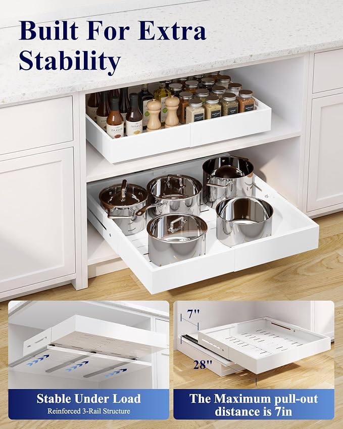 Kitsure Pull Out Cabinet Organizer - 2 Pack(12.6"-21" D x 12"-20.4" W) Expandable Sliding Cabinet Shelves, Smooth Glide Drawer Organizer, Kitchen & Pantry Storage, Framed & Frameless Cabinets