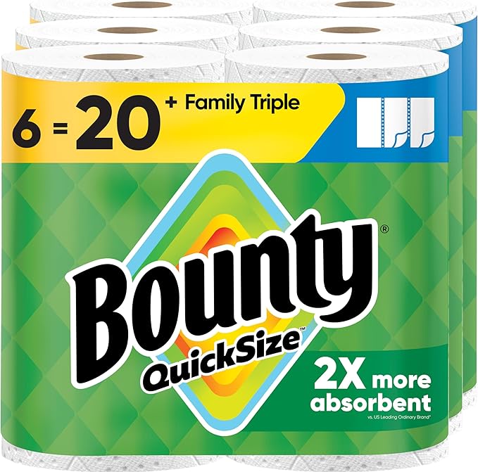 Bounty Paper Towels Quick Size, White, 6 Family Triple Rolls = 20+ Regular Rolls