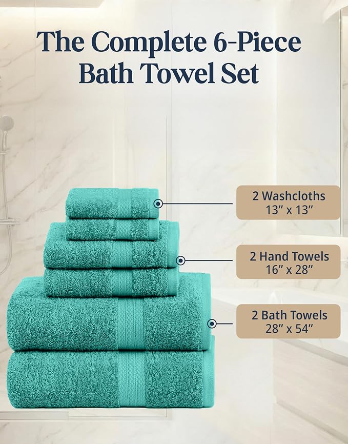 LANE LINEN Towel Set 6 Piece Soft Absorbent Quick Dry 100% Cotton - Teal | Towels And Washcloths - Terry Weave Comfort, Long-Lasting Comfort, Hotel-Style Look, Gets Softer With Every Wash