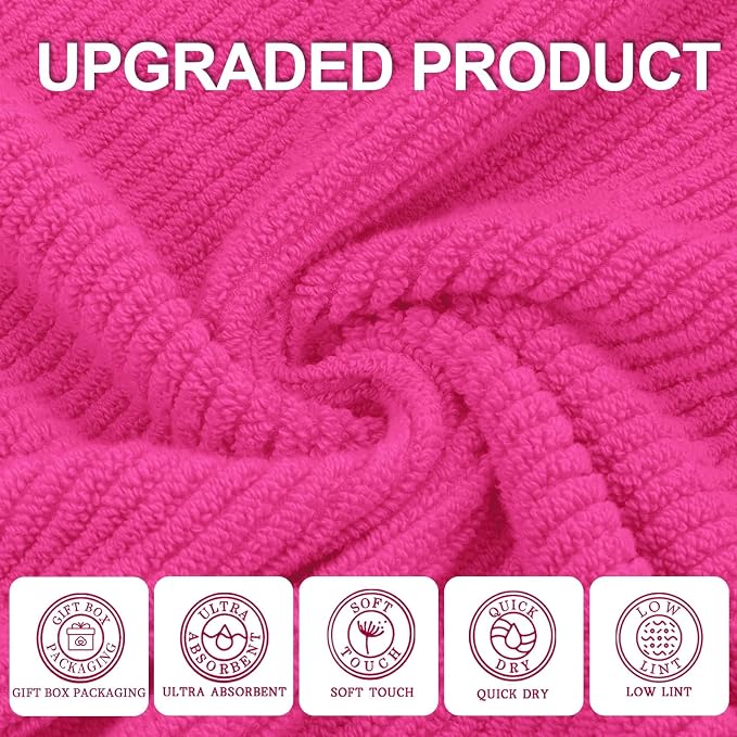 VOOVA & MOVAS 3PC Towel Set, 100% Cotton, Hot Pink | 1 Large Bath 30x56 In,1 Soft Hand 18x28 In,1 Absorbent Washcloth 13x13 In, Quick Dry, Thick, With Hanging Loops