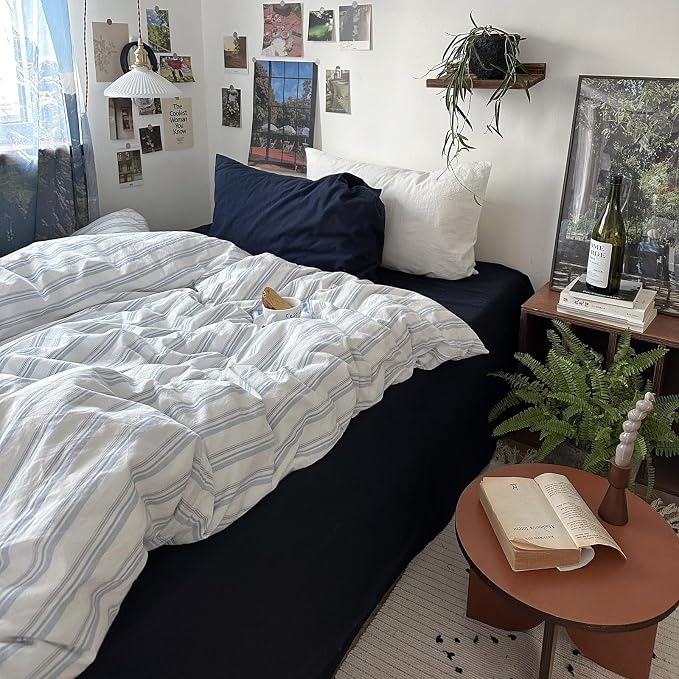 mixinni Vintage Blue & White Striped Duvet Cover Set - 3 Piece 100% Washed Cotton King Size Bedding | Minimalist Relaxed Style | Ultra Soft Breathable, with Zipper Closure & Corner Ties-King Size