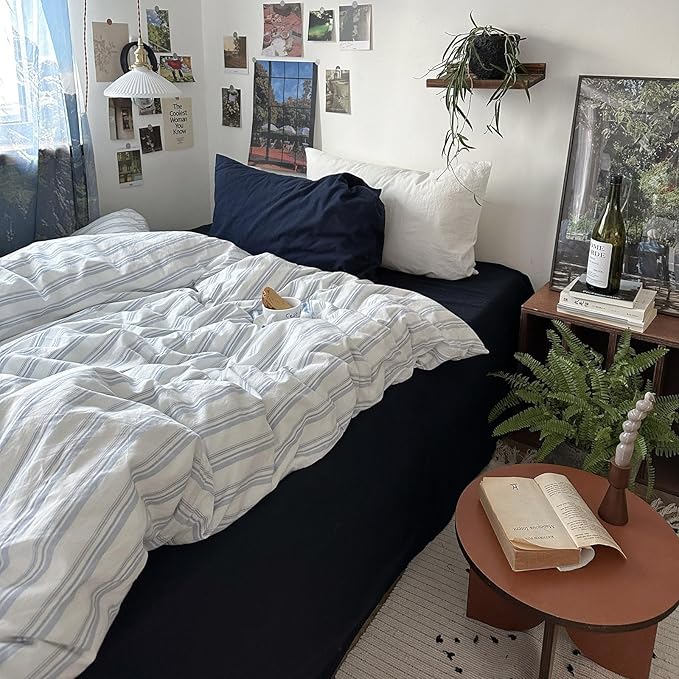 mixinni Vintage Blue & White Striped Duvet Cover Set - 3 Piece 100% Washed Cotton Twin Size Bedding | Minimalist Relaxed Style | Ultra Soft Breathable, with Zipper Closure & Corner Ties-Twin Size