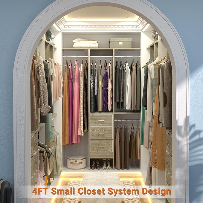 Besiost 4FT Small Closet System with 3 Fabric Drawers, 48'' Closet Organizer System With 3 Adjustable Shelves, Flexible Built-In Clothes Garment Rack for Small Space, 48"L x 13"W x 71"H, White Oak