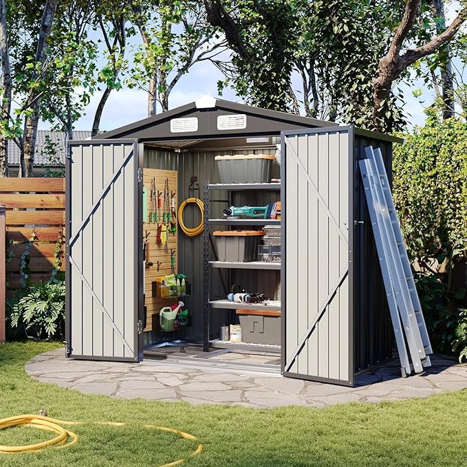 Aoxun 6'x4' Outdoor Storage Shed with Base, Black | Metal Shed with Lockable Doors & Slooping Roof Garden Tool Shed for Backyard, Patio, Poolside