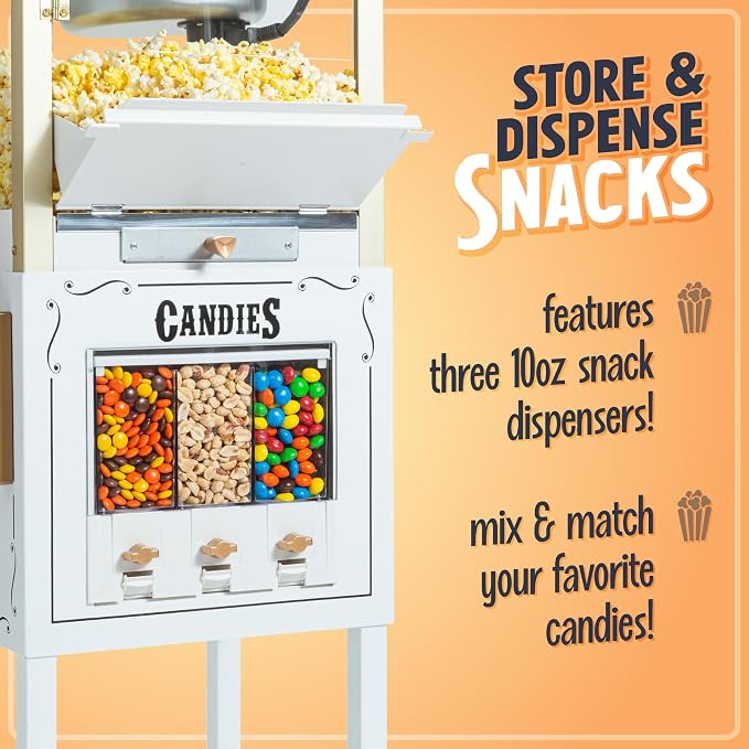 Nostalgia Popcorn Maker Professional Cart, 8 Oz Kettle Makes Up to 32 Cups, Vintage Movie Theater Popcorn Machine with Three Candy Dispensers and Interior Light, Measuring Spoons and Scoop, Ivory