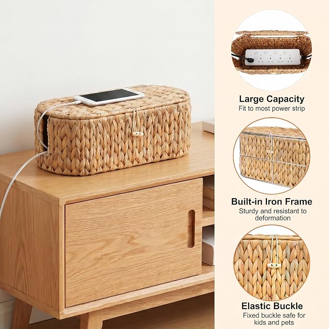 Set of 2 Cable Management Box, Handwoven Water Hyacinth Cord Hider Organizer Boxes with 3 Side Open Slots, Cable Organizer Box to Hide Cords Power Strip, USB Hub, TV Wires for Home, Office