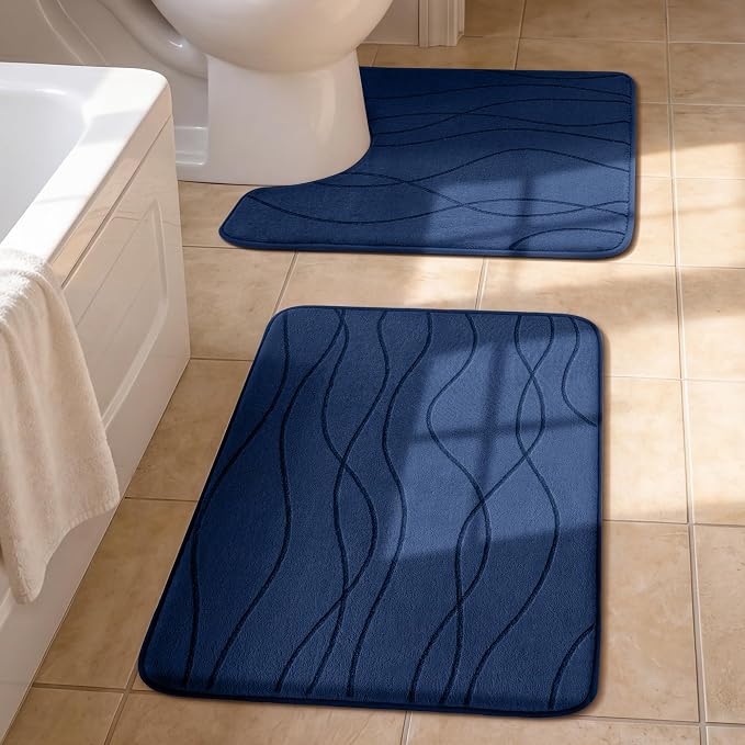 YIHOUSE Bathroom Rugs Set 2 Piece, Memory Foam Bath Mat Navy Blue | U Shaped+Small Mat, Ultra Soft, Absorbent, Non-Slip, Machine Washable, for Bathroom, Sink and Toilet
