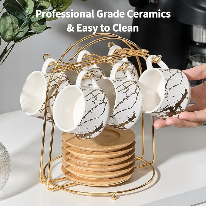 LUKA Ceramic Espresso Cups with Saucers and Metal Stand, Small 4 oz Porcelain Demitasse Cups Set of 6, Cute Cappuccino Coffee Cups for Double Espresso, Tea, Marbling White