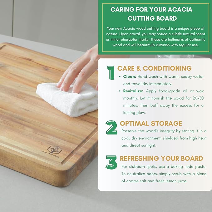Square Acacia Wood Cutting Boards for Kitchen, 1.5 in Thick Butcher Block Construction for Stability, 14 in Square Cutting Boards with Gift Box, Juice Groove and Handle