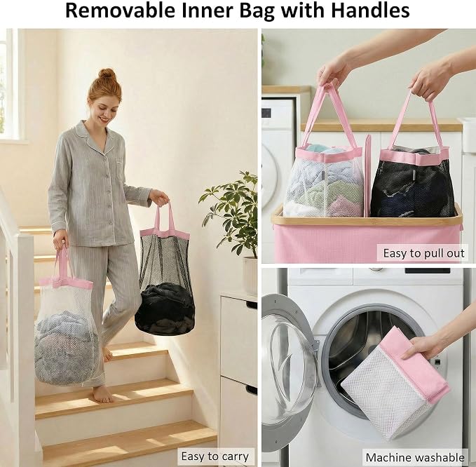 efluky Laundry Hamper with Lid, Double Laundry Basket with 2 Removable Bags, 2 Section Laundry Bin with Bamboo Handles for Bathroom, Bedroom & Laundry Room, 140L (36.9 Gallon) Pink
