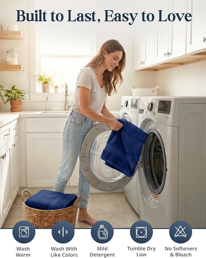 LANE LINEN Bath Towel Set Absorbent Quick Dry 100% Cotton 6 Piece - Navy | Cotton Towels For Bathroom - OEKO-TEX Certified, Ring-Spun Durability, Ring-Spun Cotton, Terry Weave Comfort