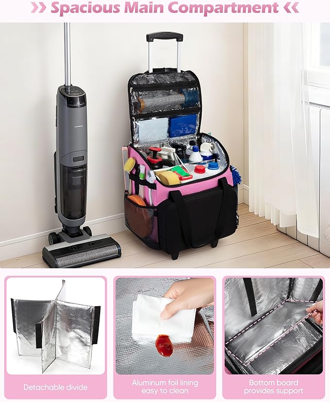 Marscamd Large Rolling Cleaning Caddy Bag with Detachable Trolley, Cleaning Supplies Organizer with Wheels for Housekeepers, Pink