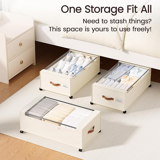 Yecaye 95 L Under Bed Storage with Wheels, 11 in Under Bed Storage Containers, Large Under Bed Shoe Storage with Lids, Rolling Underbed Storage bins for Clothes, Blankets, Beige