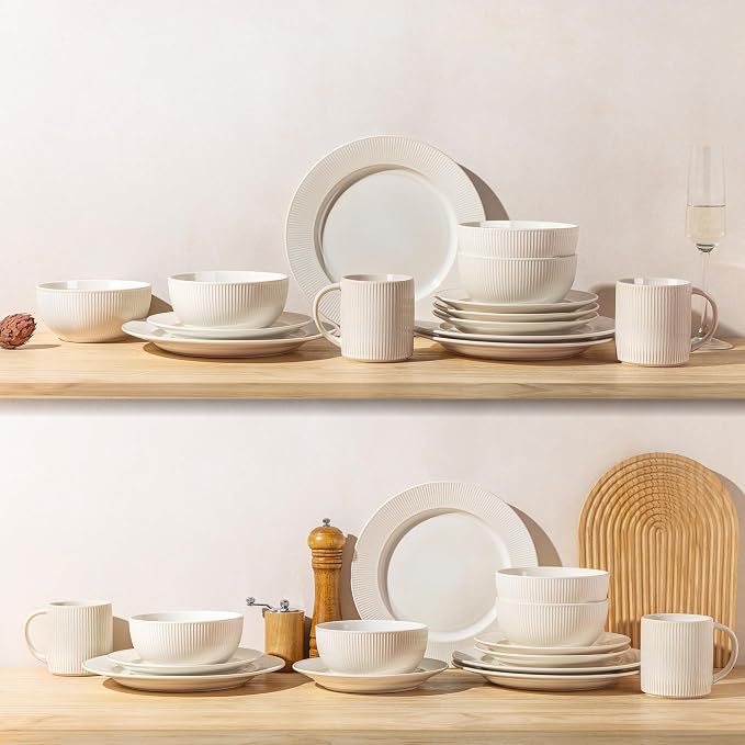 TheTerra Ceramic Dinnerware Sets for 6, 18 Pieces Porcelain Lightweight Plates and Bowls Sets, Scratch Resistant Dish Set, Oven, Microwave & Dishwasher Safe, Cream White