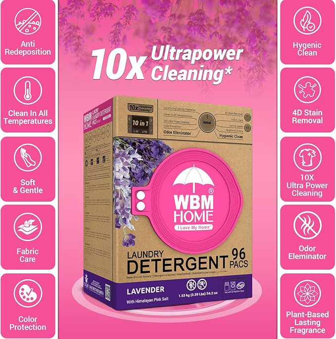 WBM 10-in-1 Laundry Pods with Softener & Scent Booster, 96 Count, High Efficiency (HE), Fabric Softener, Lavender Extracts, Stain Lifter, Eco-Friendly, Gentle, Fresh