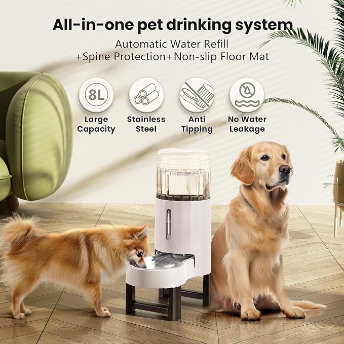 CZPET Elevated Dog Water Bowl Dispenser for Large Dogs (8L+Stand,White) | With Stainless Steel Bowl Gravity Waterer, Large Capacity and Drinking Area Noise-Free for Pets