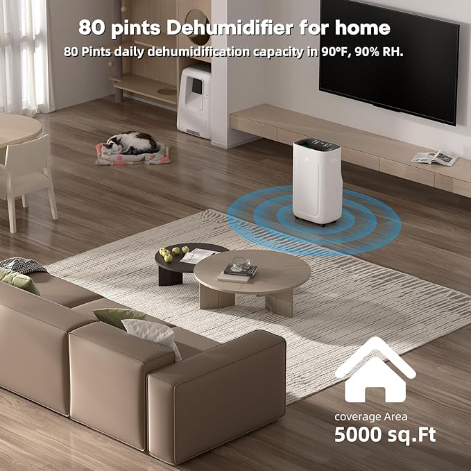 Ludatido 2025 Upgraded Dehumidifier, 80 Pint/Day, 5000 Sq.Ft for Whole Home & Basement, 1.72 Gal Tank, 42dB Quiet, Child Lock, Sleep/Fan/Dry Modes, 24H Timer & Auto Continuous Drain