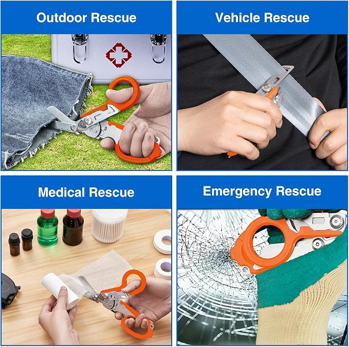 Heavy Duty 6 in 1 Multifunctional Trauma Shears Foldable | Stainless Steel emergency response scissors | Survival Shears with Holster | Medical Trauma shears Tactical With Strap Cutter | Orange