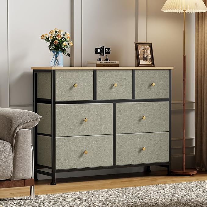 Sweetcrispy 7 Drawer Dresser with Fabric Bins, Fabric Storage Tower Organizer for Bedroom, Closet, Hallway, Entryway, Tall Chest of Drawers with Steel Frame, Wood Top, Large Storage,Dark Green