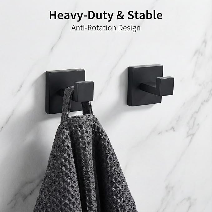 5 Piece Bathroom Hardware Set Matte Black, SUS304 Stainless Steel Towel Bar Set, Modern Square Accessories with 16 Inch Rack Toilet Paper Holder Robe Hooks (Matte Black)