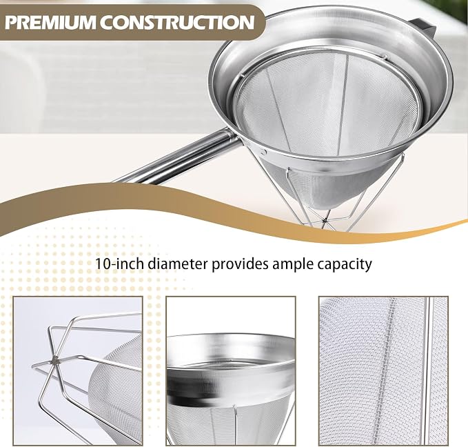 10 Inch Chinois Strainer,18/8 Stainless Steel Conical Fine Mesh Bouillon Sieve, Heavy Duty China Cap Strainers with Stand for Sauces Soups Broth Purees Jam