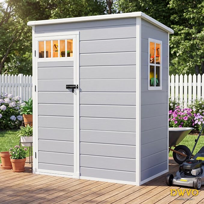 DWVO 5x3FT Outdoor Storage Shed with Fence-Style and Side Windows, Floor & Lockable Doors, Resin Storage Shed for Backyard and Garden, Gray
