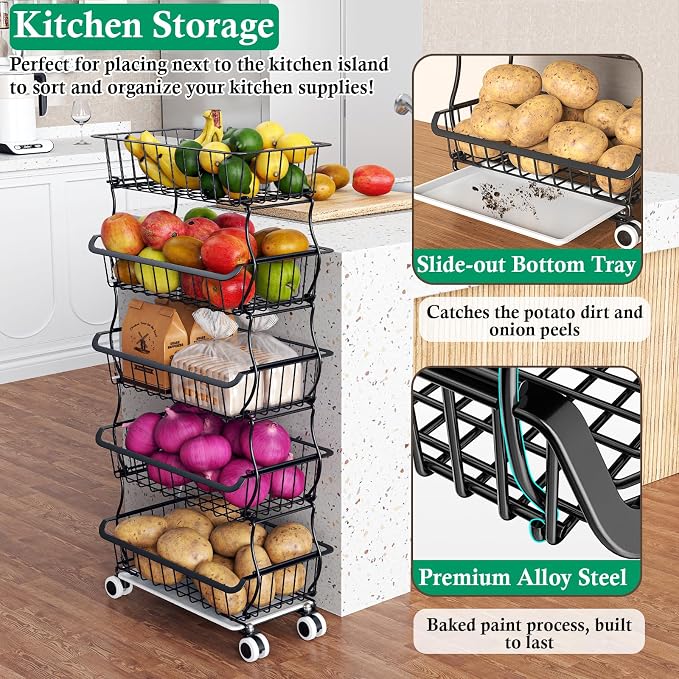 OKZEST 5 Tier Fruit Basket for Kitchen, Stackable Bins Wire Rack with Wheels, Fruit and Vegetable Storage Basket Pantry Food Snack Organizer Shelf, Kitchen Storage Cart for Onion and Potato, Produce