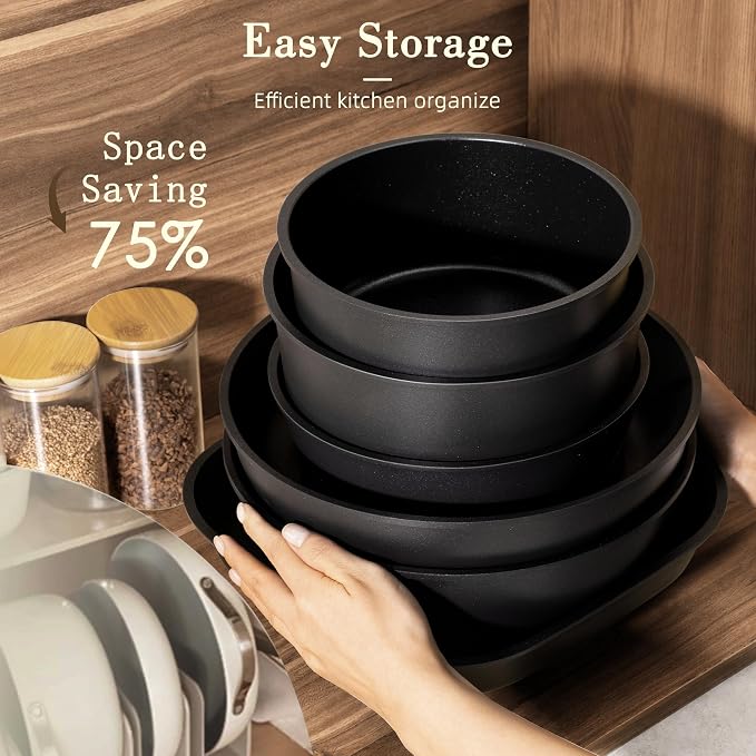 Astercook 23 Pcs Pots and Pans Set Non Stick, Ceramic Cookware Set Detachable Handle, RV Kitchen Cooking Set Removable Handles, Oven Safe, Induction Ready, Stackable, Black, Mothers Day Gifts