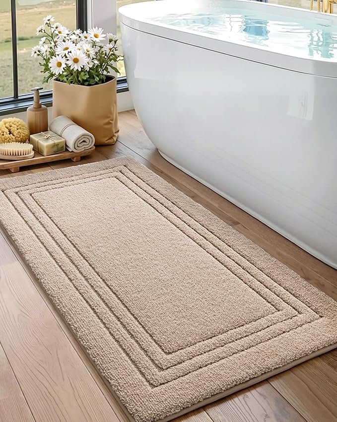 DEXI Bath Mats Bathroom Rug Non Slip Bathmat, 43x24 Beige | Large Soft Microfiber Carpet, Washable, Absorbent Quick Dry for Shower Floor Sink