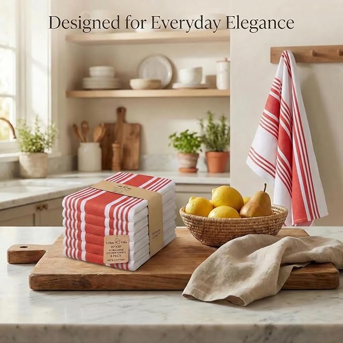 Urban Villa Kitchen Towels 100% Cotton Dish Towels for Kitchen (Set of 6) 20”x30” Dish Cloths Highly Absorbent Kitchen Linen Set with Hanging Loop Perfect for Drying Dishes Cleaning Towels-Red White