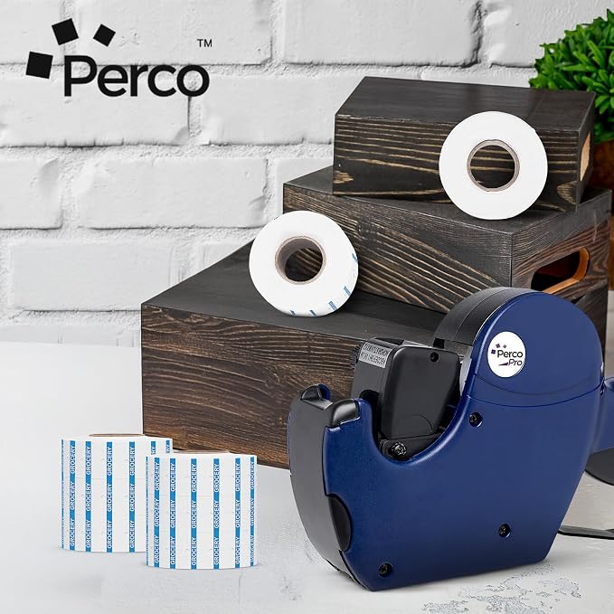 Perco 1 Line Blue Reverse Print on White Grocery Labels—80,000 Labels for Perco Lite, X, Plus & Pro Guns—with Tamper-Proof Design for Supermarkets, Corner Stores and More—80 Rolls, 10 Sleeves—USA Made