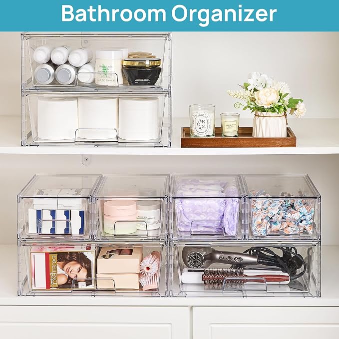 Vtopmart 5 Pack Stackable Storage Drawers, Easily Assemble Clear Plastic Organizer Bins, 3 Wide Drawers and 2 Small Drawers for Pantry, Kitchen Cabinet, Bathroom, Closet Organization and Storage