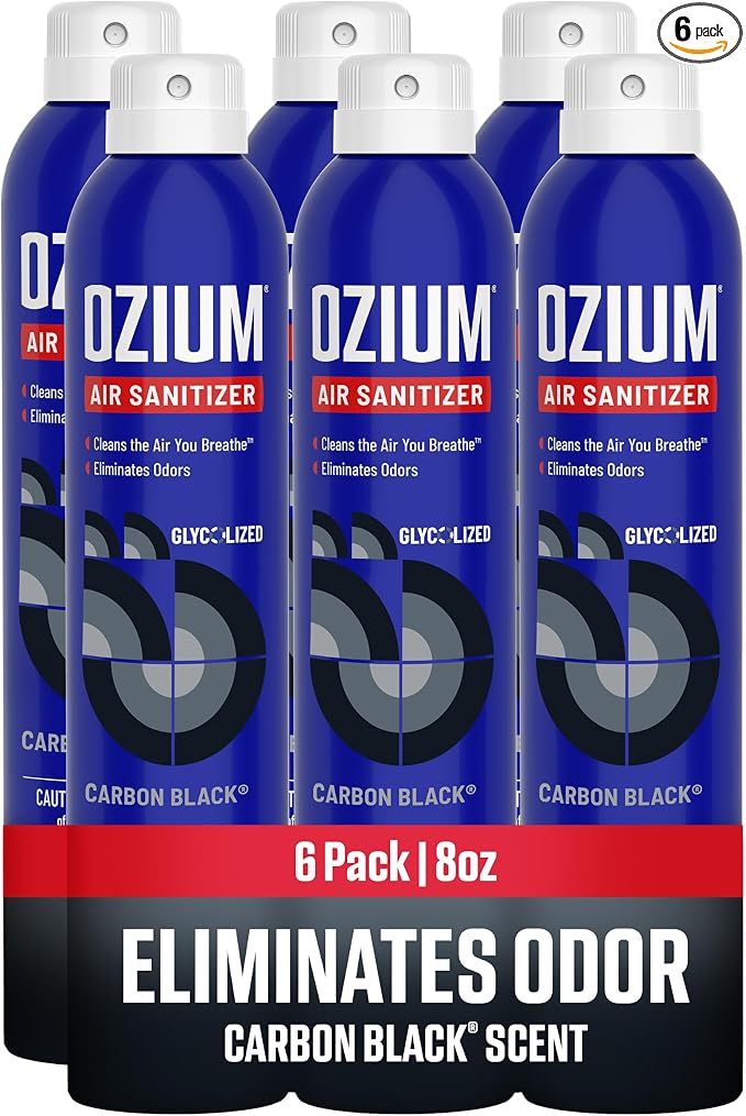 Ozium Air Sanitizer Spray - Room Odor Eliminator for Home, Car, and Office - Carbon Black - 8 oz Can - 6 Pack