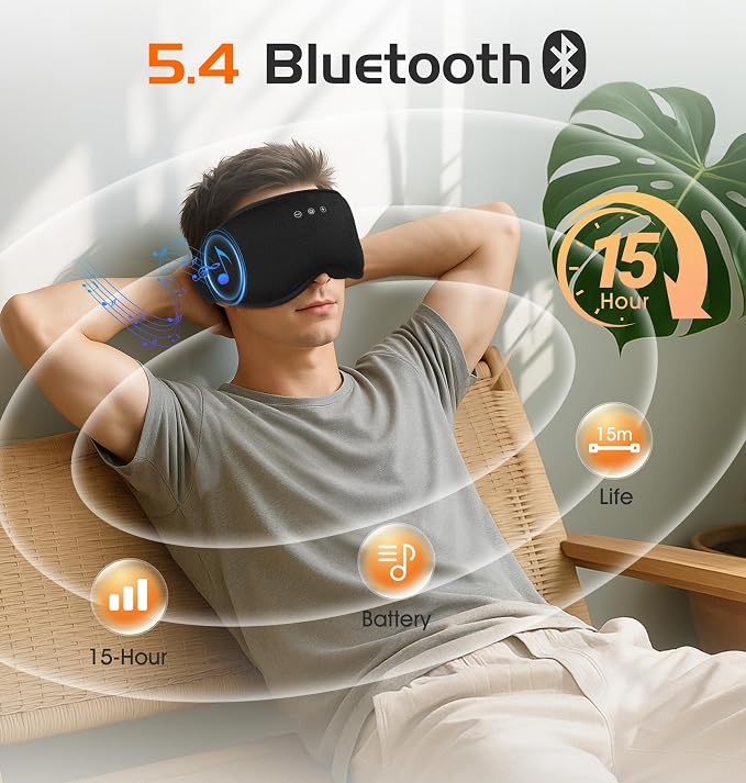 Bluetooth Sleep Mask with 2 Removable 3D Contoured Cup, Bamboo Cotton Bluetooth Sleep Headphones for Side Sleepers with Timming Setting, Blackout Eye Mask for Travel Meditation Men Women