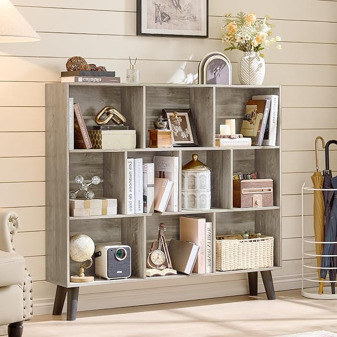 LEYAOYAO 10 Cube Bookshelf,Mid-Century Modern Bookcase with Legs,Retro Grey | 3 Tier Book Shelf,Rustic Wood Bookshelves Freestanding Large Storage Organizer, Open Shelves for Bedroom, Living Room, Office