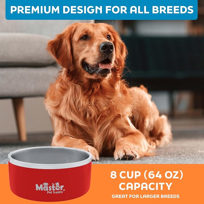 Master Pet Supply Stainless Steel Dog Bowls - 64 oz, Heavy Duty - Crimson Flame, Double Wall Extra-Thick Insulated, Non-Slip Pet Water Bowl for Dogs, Cats & Pets, Anti Rust Metal, Dish Washer Safe