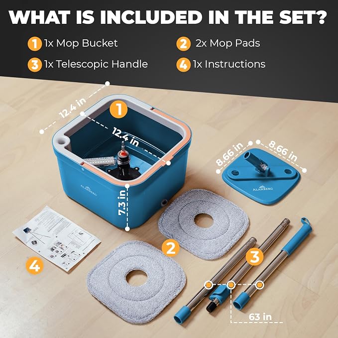 Spin Mop and Bucket Set with Wringer – Dual-Chamber Self Wringing Mop, Flat Microfiber Mop for Hardwood, Tile & Vinyl Floors, 2 Washable Replacement Heads, 63" Handle, Blue