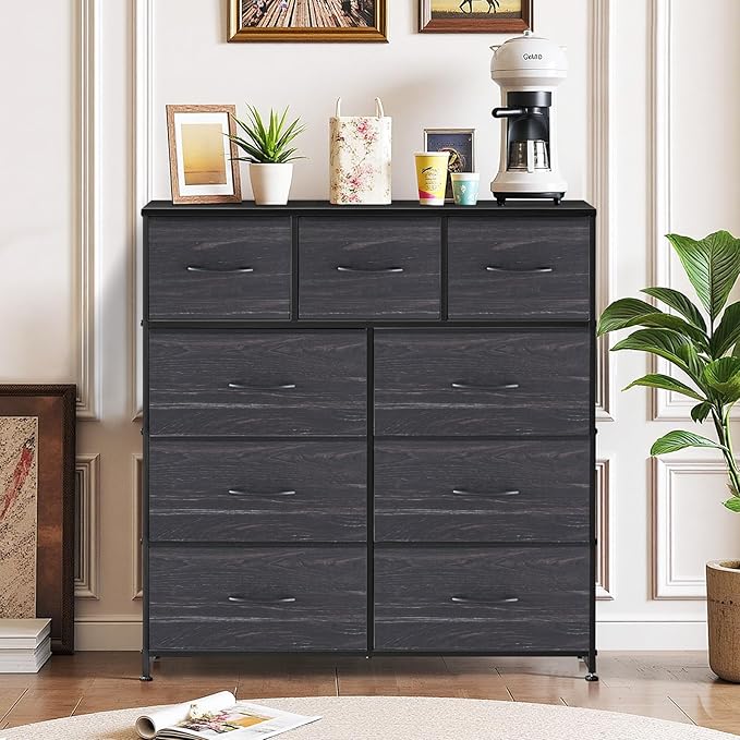 9-Drawer Dresser for Bedroom, Anti-Tip Tall Storage Organizer Chest of Drawers with Wooden Top and Metal Frame Fabric Bins for Closet, Living Room, Hallway, Entryway, Charcoal Black