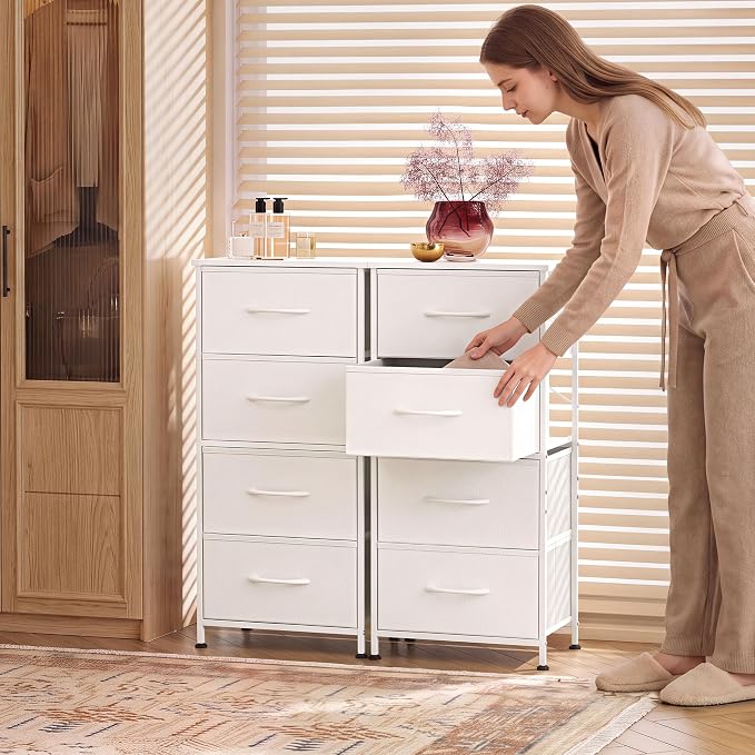 WLIVE Small Dresser Nightstand for Bedroom, 4 Drawers, White | 4 vertical fabric drawers, Space-saving tower, Bedroom or closet use, Chest of drawers, Dresser for small spaces