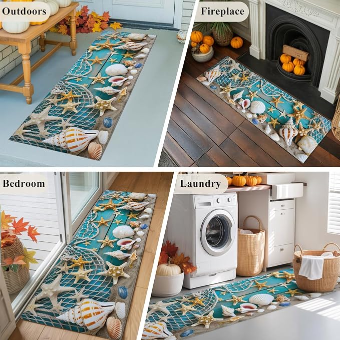 Kitchen Runner Rug 2 x 6 Ft, Beach Starfish Laundry Room Rugs Indoor Non Slip Washable, Ocean Conch Fishing Net Blue Wood Grain Decorative Carpet Long Mat for Sink/Hallway/Living Room